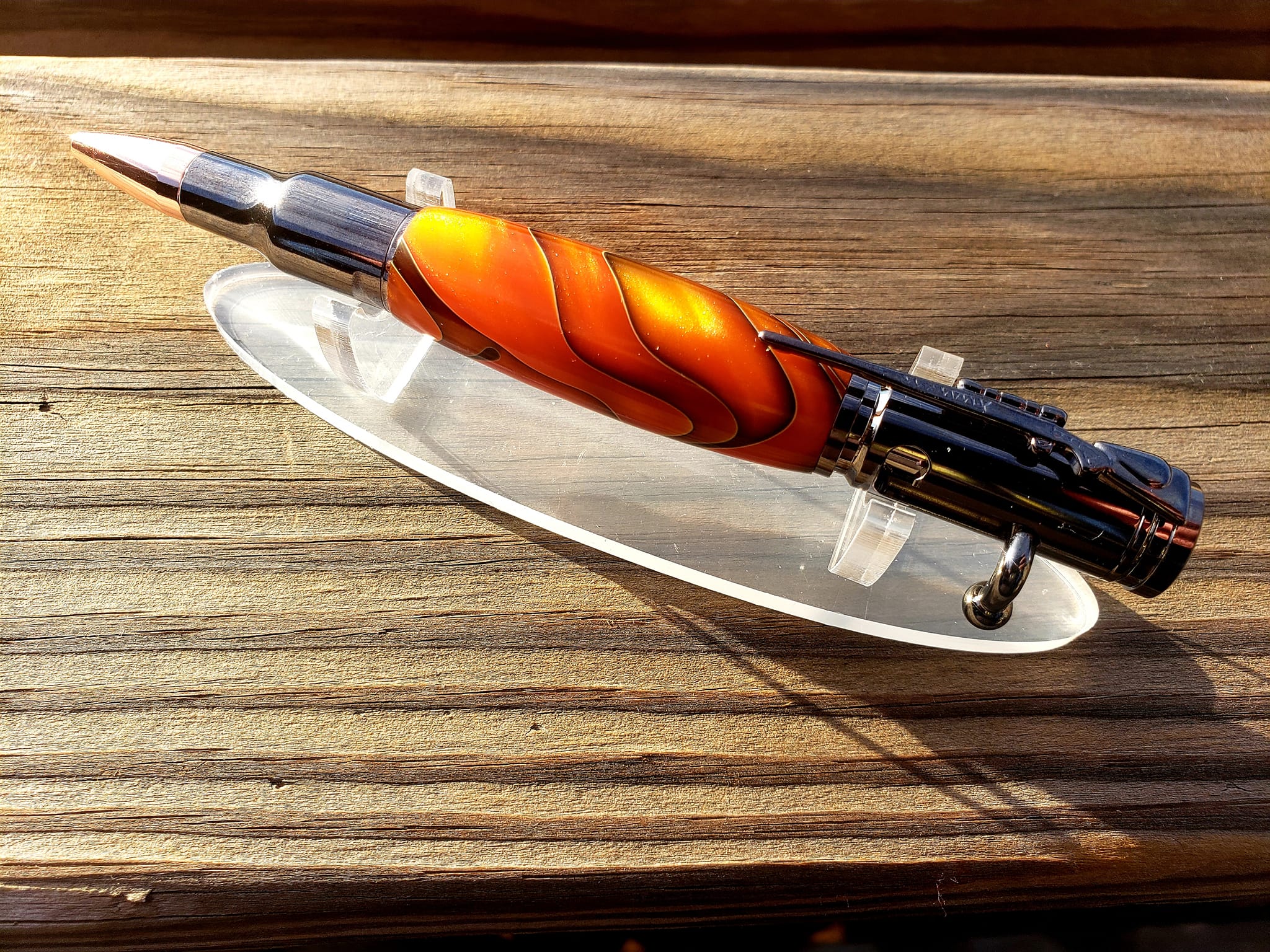 Bolt Action Pen - Gun Metal & Brass with Orange, Black and Gold Spec Epoxy Resin