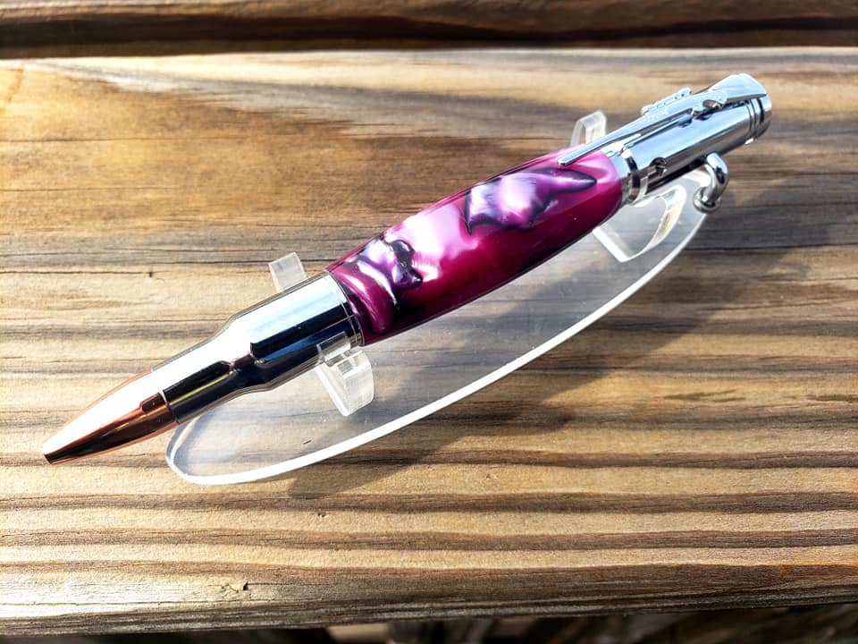 Bolt Action Pen - Chrome & Brass with Purple, Pearl, and Black Epoxy Resin