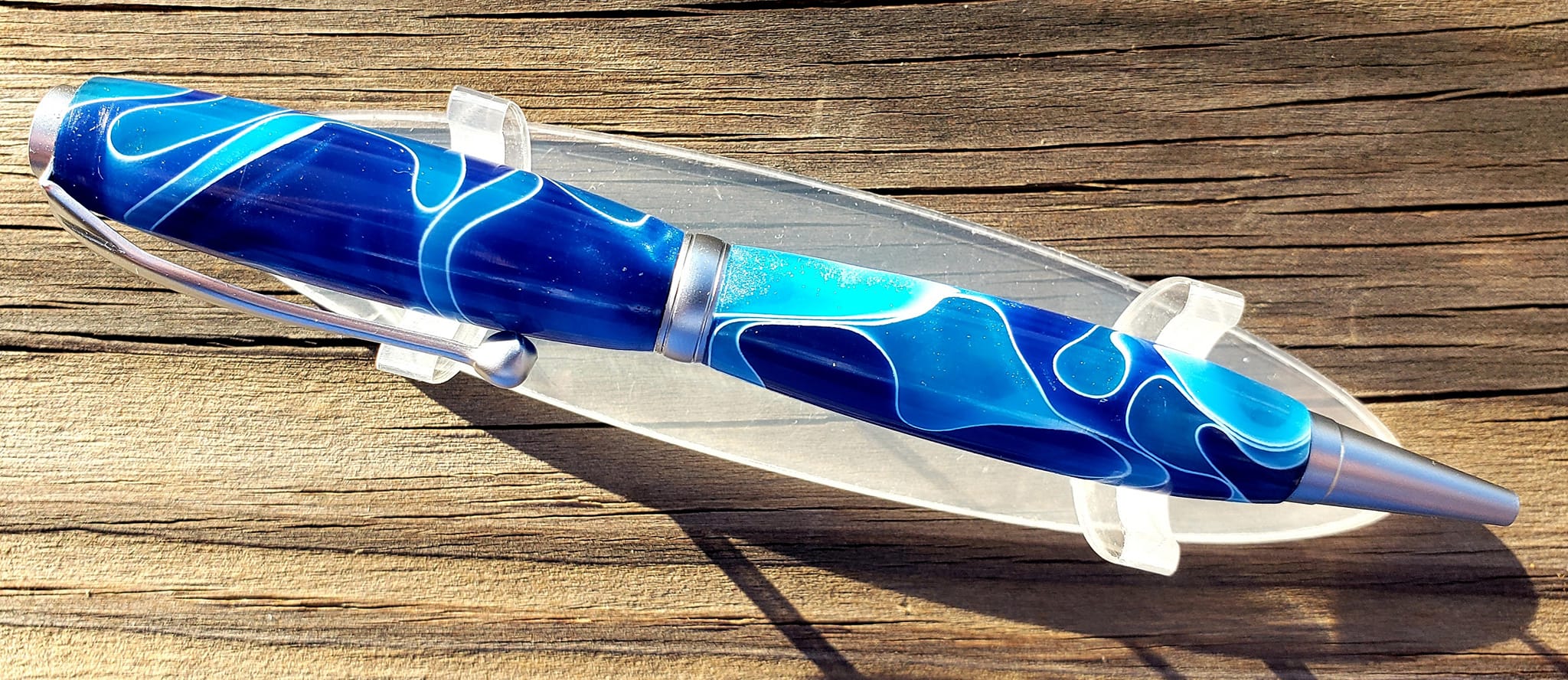 Comfort Pen - Satin Chrome with Blues, and White Epoxy Resin