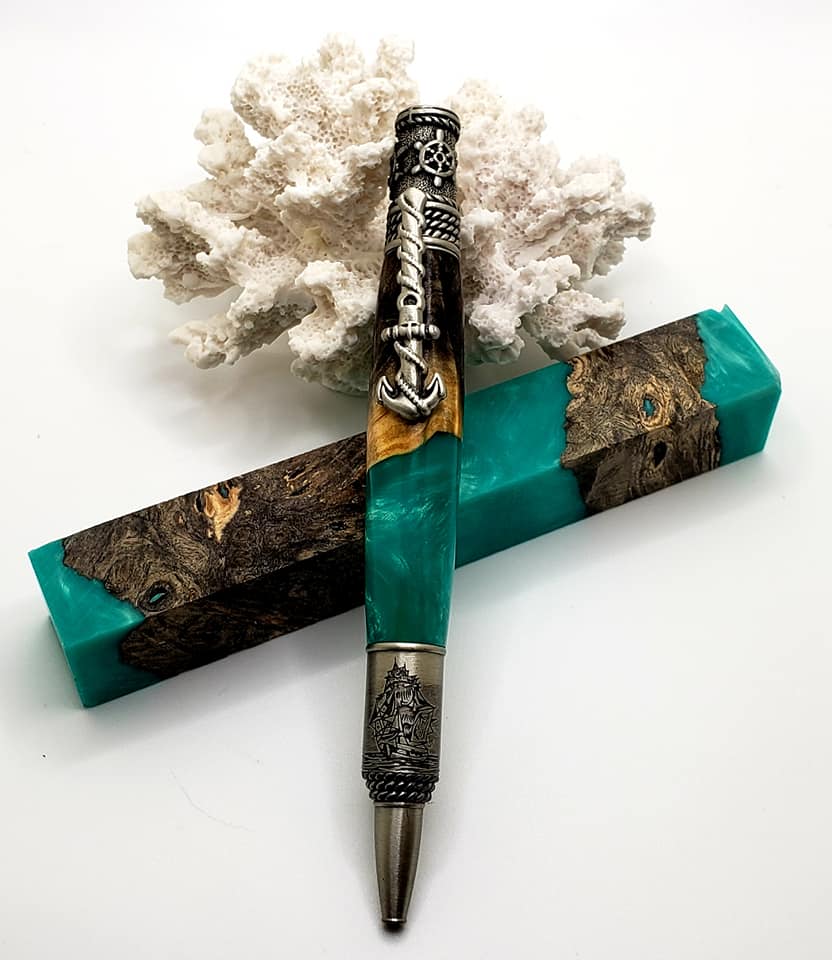 Nautical Pen - Pewter with Buckeye Burl Wood / Emerald Green and Silver Spec Epoxy Hybrid