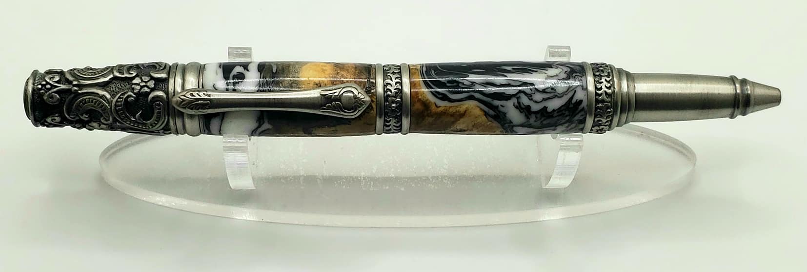 Victorian Pen - Pewter with Buckeye Burl Wood / Black and White Marbled Epoxy Hybrid