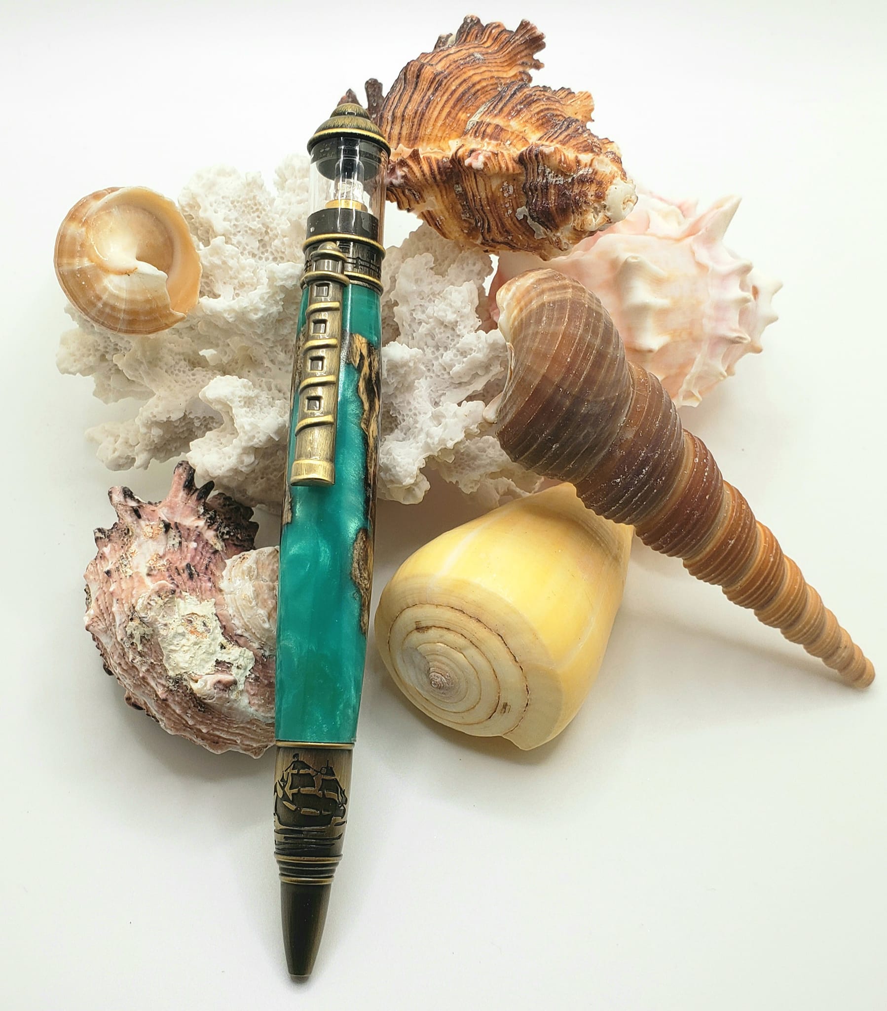 Nautical Pen - Old Brass with Buckeye Burl Wood / Emerald Green and Silver Spec Epoxy Hybrid