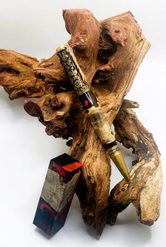 Botanical Pen - Fire red rose and black styled artistry epoxy with buckeye burl