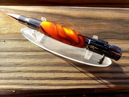 Bolt Action Pen - Gun Metal  Brass with Orange, Black and Gold Spec Epoxy Resin